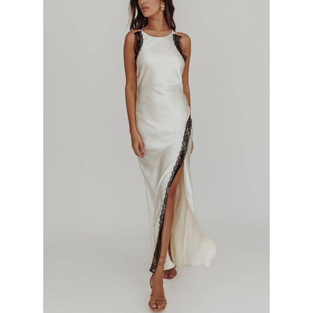 Here Comes The Sun Ivory Black Lace Cutout Maxi Dress Y2K Satin Slip Formal
